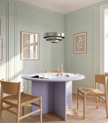 Moderne Pendelleuchte über Esstisch mit warmen Naturtönen und zeitlosem Design.