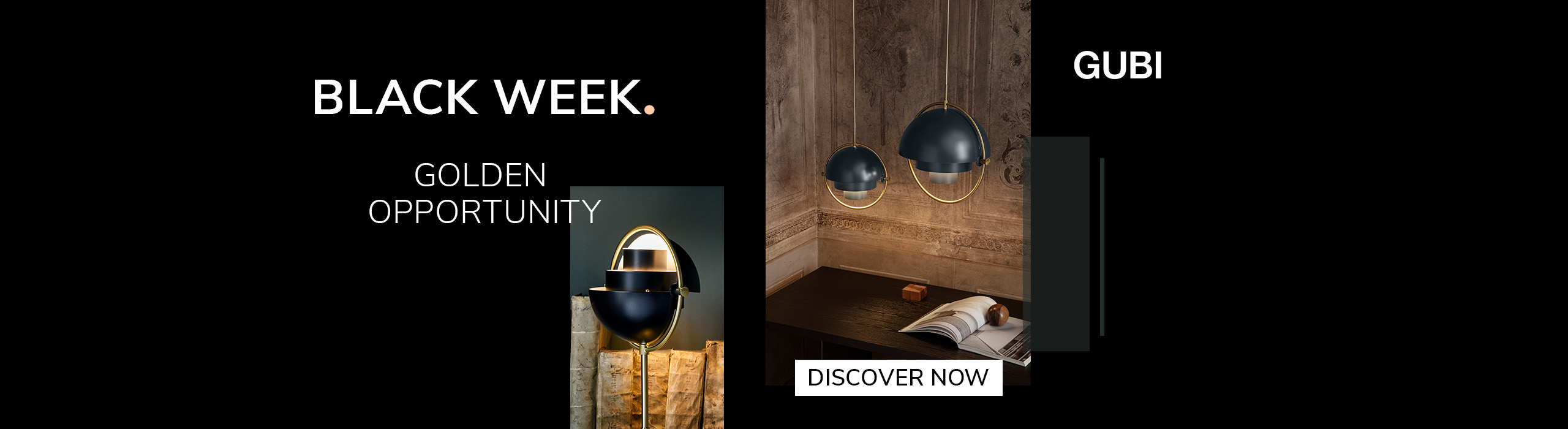 Discover More Two modern pendant lamps with dark blue domes and gold accents hanging above a wooden desk in a warmly lit, ornate room. Text reads: ‘Black Week. Golden Opportunity. GUBI.’ A button says ‘Discover Now.