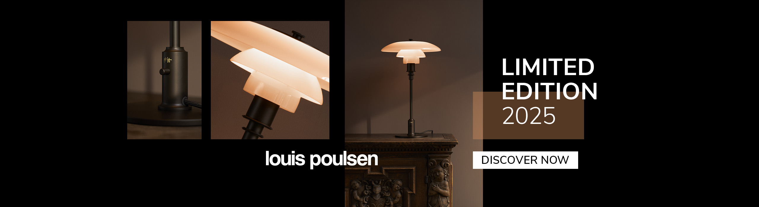 Discover now Louis Poulsen limited-edition 2025 table lamp in warm ambient lighting, displayed on a carved wooden cabinet with product close-up details