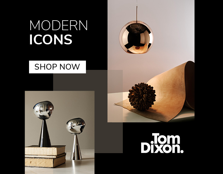 Shop now Tom Dixon metallic lighting and sculptural objects, including a copper pendant and chrome table lights, displayed on neutral surfaces. Text reads: ‘Modern Icons. Shop Now. Tom Dixon.
